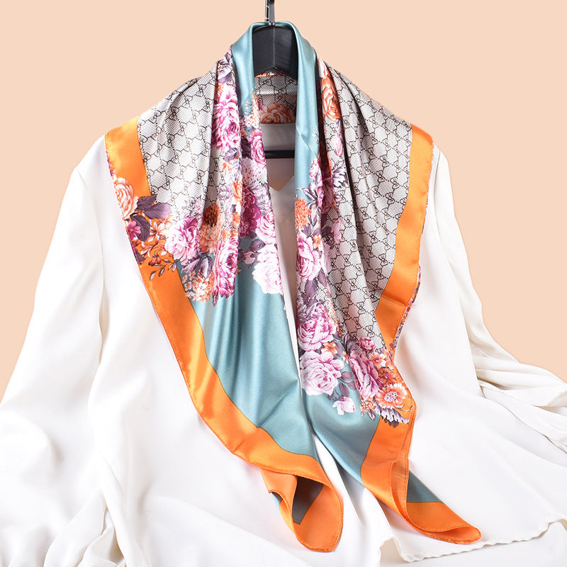 Spring and summer scarf temperament floral printing versatile decorative scarf headscarf silk scarf 90 high-quality satin square scarf