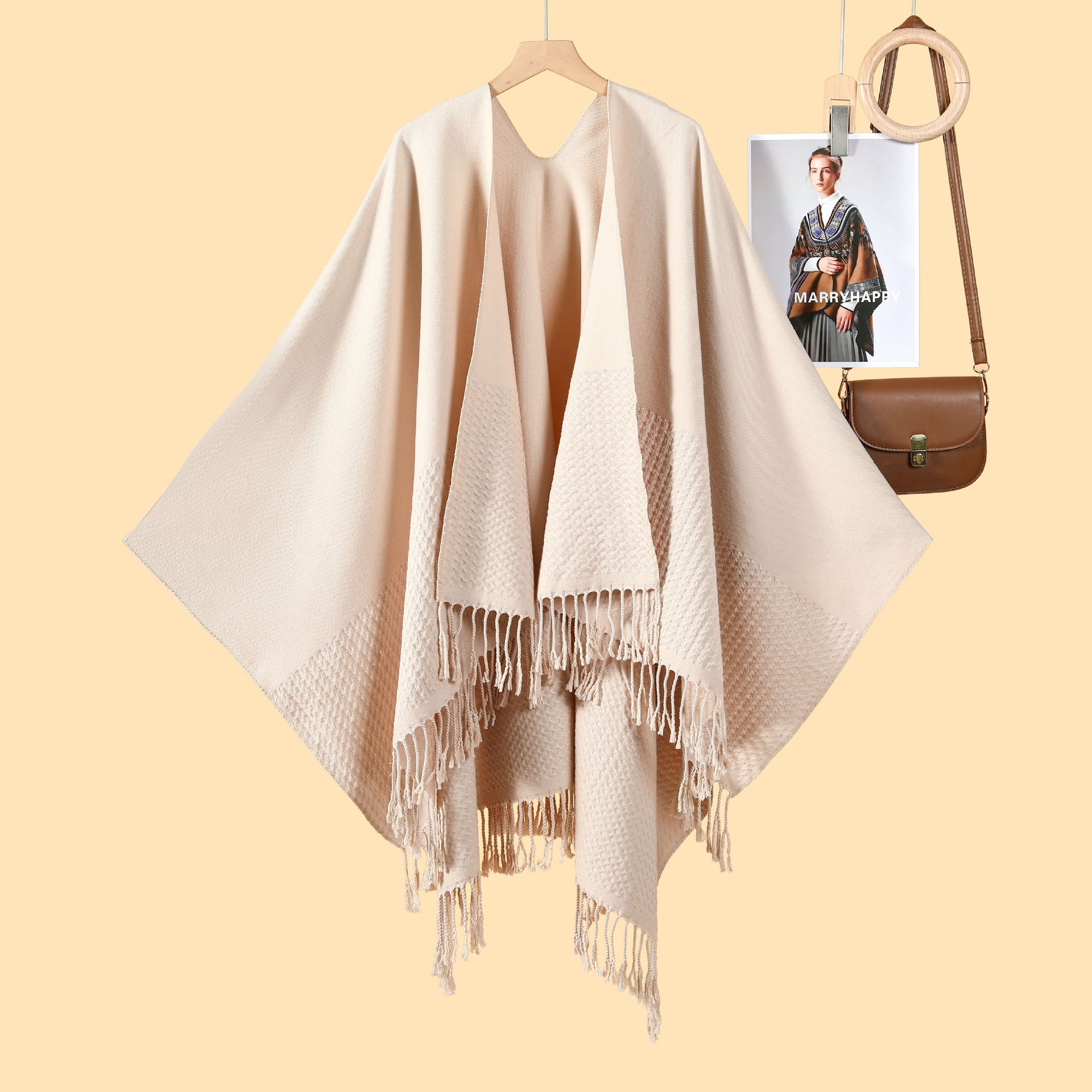 New monochrome fringed split shawl double-sided three-dimensional wave jacquard warm imitation cashmere scarf cape cardigan women