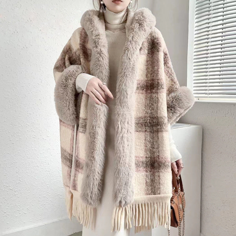 Europe, America, autumn and winter new woolen coat fur collar hooded plush thickened warm fashion fringed cape shawl outside