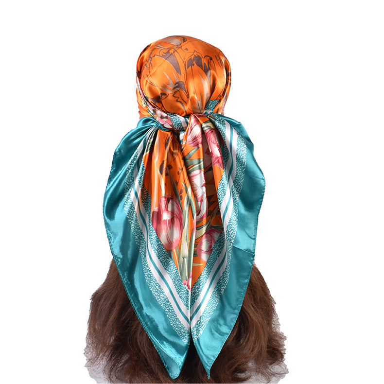 Summer new fashion versatile tulip bouquet print 90-color square scarf silk scarf headscarf