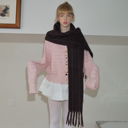 Swedish designer 25% wool blended vertical stripe neutral scarf women's winter black-brown atmosphere scarf