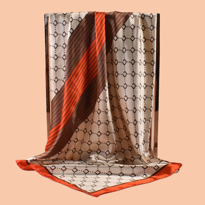 2025 new 90cm-satin geometric line plaid printing square scarf with sunscreen, bag head silk scarf decoration, scarf