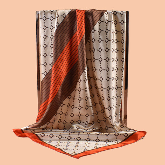 2025 new 90cm-satin geometric line plaid printing square scarf with sunscreen, bag head silk scarf decoration, scarf