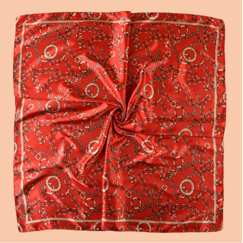 New 90-satin retro round chain printed square scarf with sunscreen bag head silk scarf decorative scarf