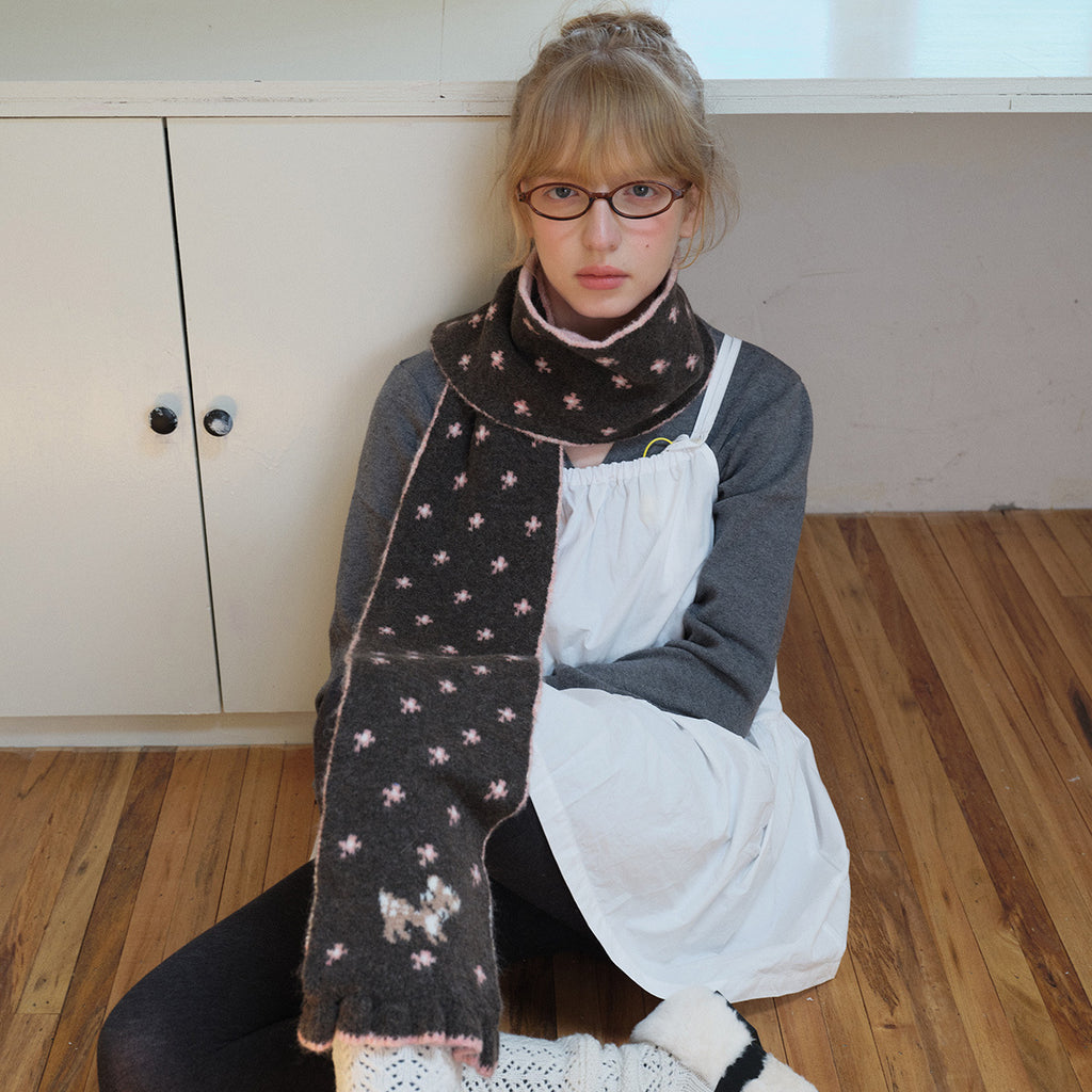 Korean designer wool-blend cartoon deer jacquard knitted scarf women's winter girly lace scarf