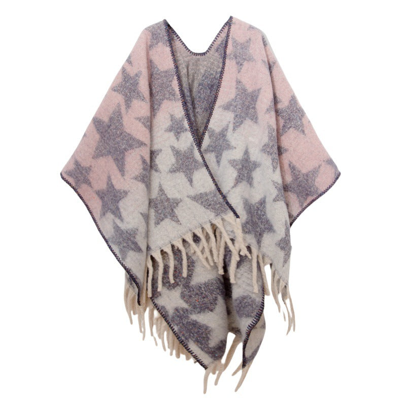 2025 new European and American autumn and winter imitation mohair double-sided thickened jacquard five-pointed star cross shawl