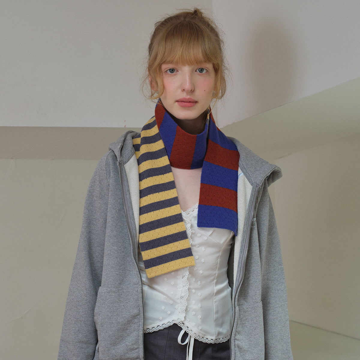 Selected 100% High Count Merino Wool Splicing Striped Scarf Women's Autumn and Winter Narrow Girly Scarf