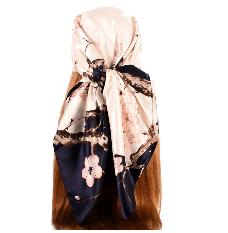 New sweet and fashionable plum blossom flower satin 90cm large square scarf women's silk scarf scarf