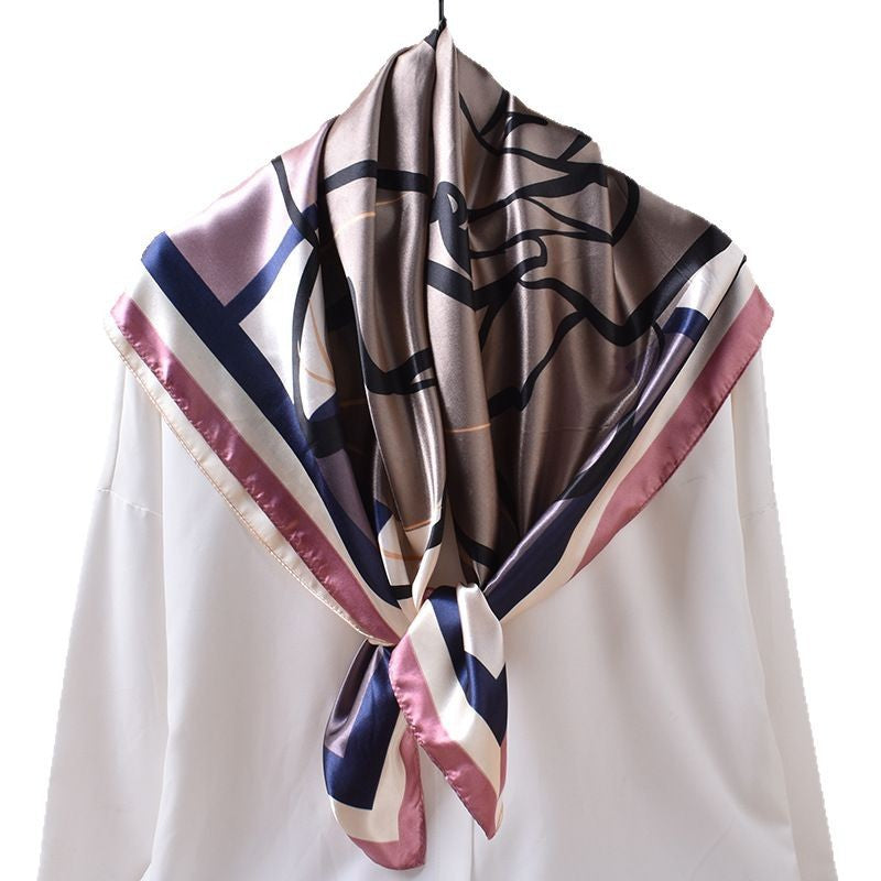 Spring and summer geometric sketch rose print versatile decorative scarf headscarf silk scarf 90cm high-quality satin square scarf
