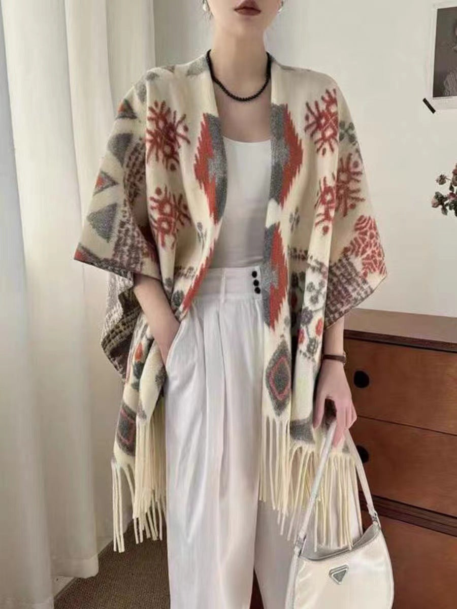 Autumn and winter Internet celebrities new plaid shawl with temperament fringed shawl cape cape retro scarf coat women