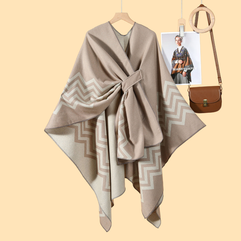 New Women's Wave Pattern Split Shawl Cardigan Multifunctional Autumn and Winter Straps Cloak Shawl New