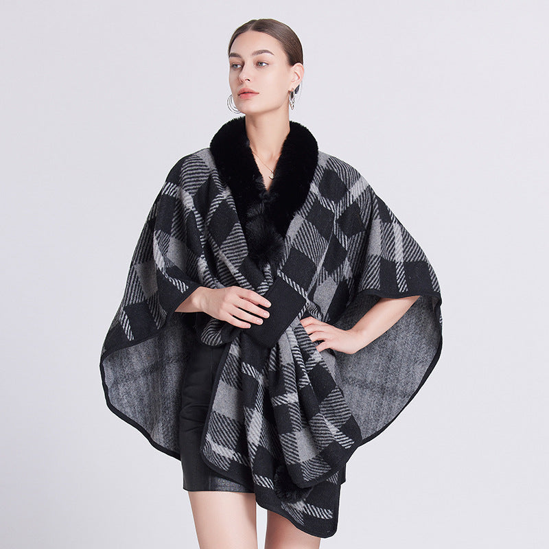 1251 #European and American autumn and winter new shawl cape imitation fur collar plaid cape shawl loose knitted cardigan jacket