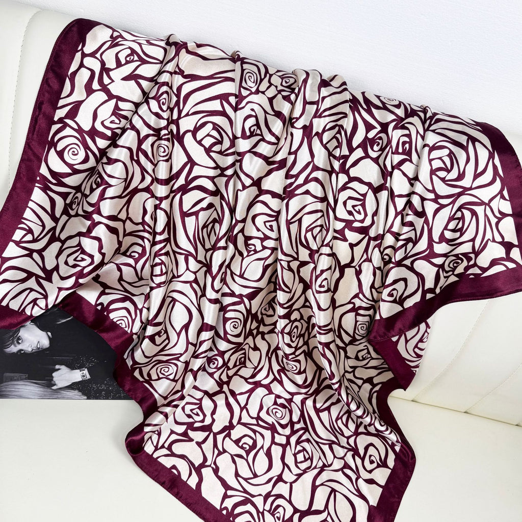 Spring new product, simple and elegant plant flower silk scarf, imitation silk satin 90cm square scarf, ethnic women's headscarf