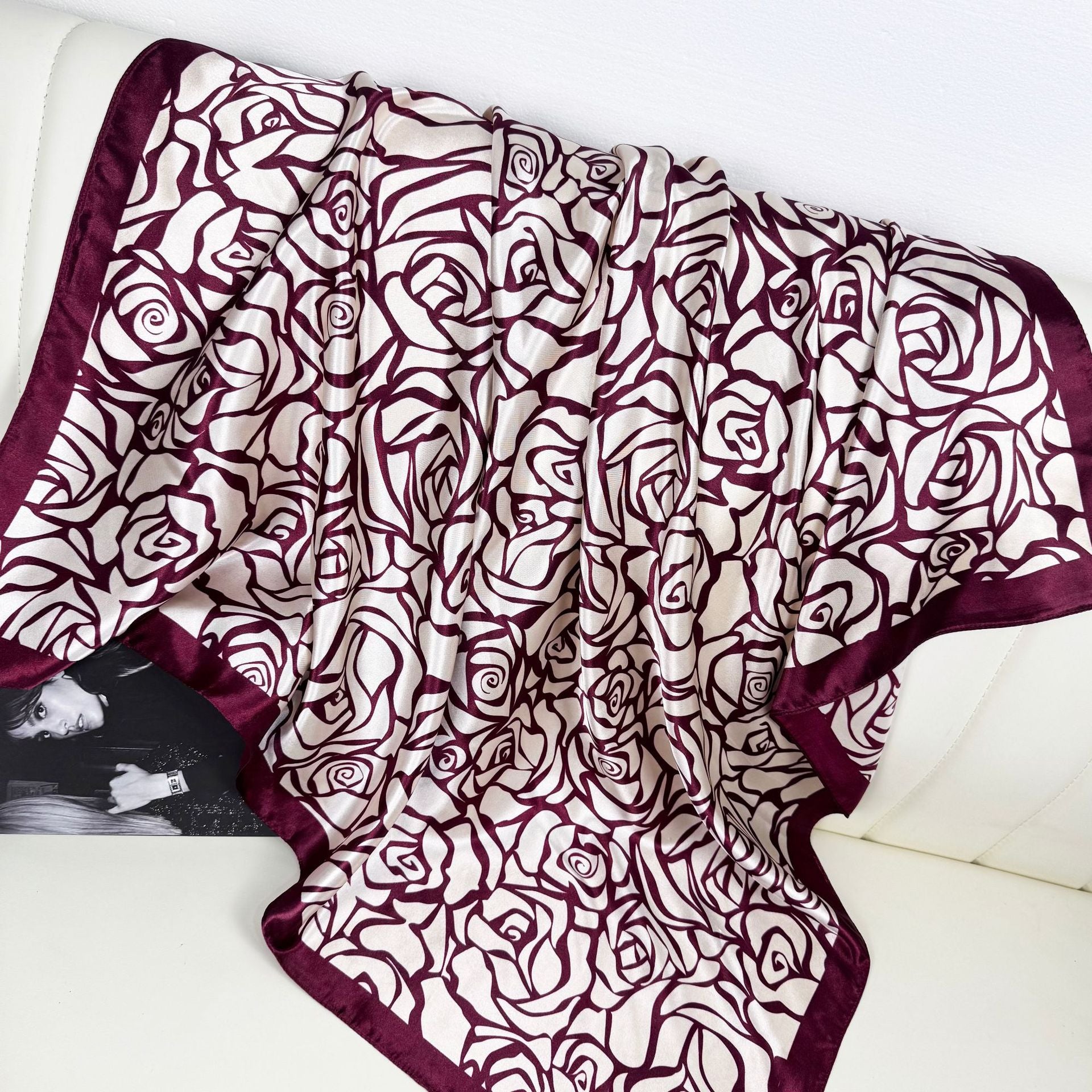 Spring new product, simple and elegant plant flower silk scarf, imitation silk satin 90cm square scarf, ethnic women's headscarf