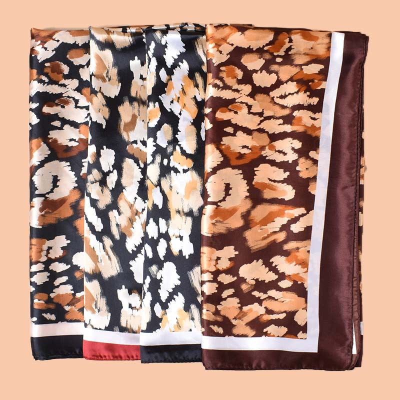 2025 new 90-satin geometric leopard print versatile printed square scarf with sunscreen, bag head silk scarf decoration, scarf