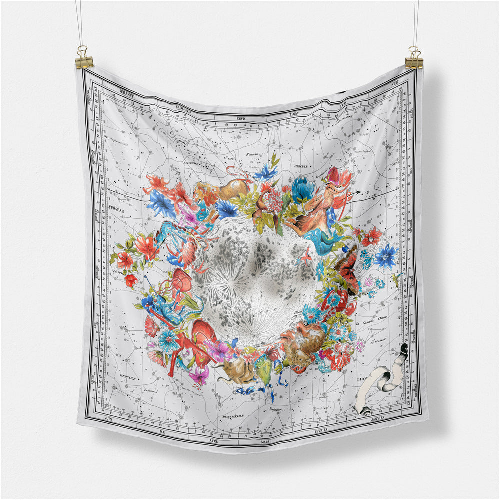 Simple and fashionable versatile plants and flowers, map, digitally printed 53cm small square scarf, twill scarf