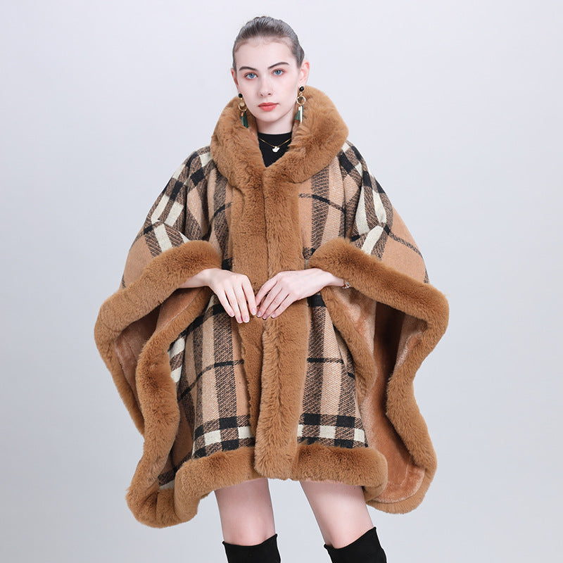 European and Korean autumn and winter new cape shawl fleece thickened plaid fur collar hooded knitted shawl scarf shawl 0992