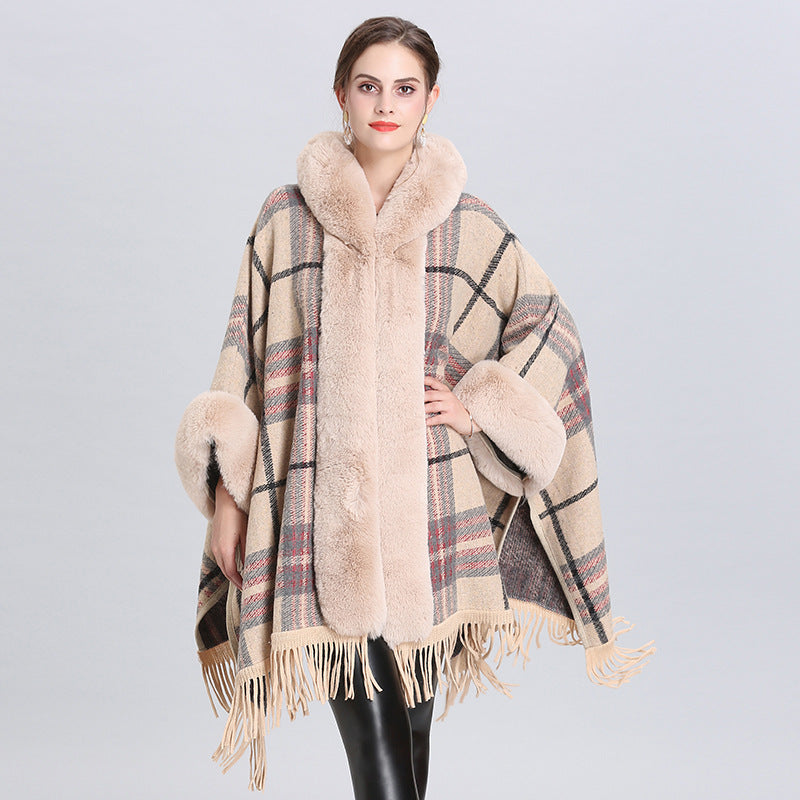 European and American autumn and winter new imitation fur collar hooded fringed knitted cardigan shawl cape jacket 0858 #