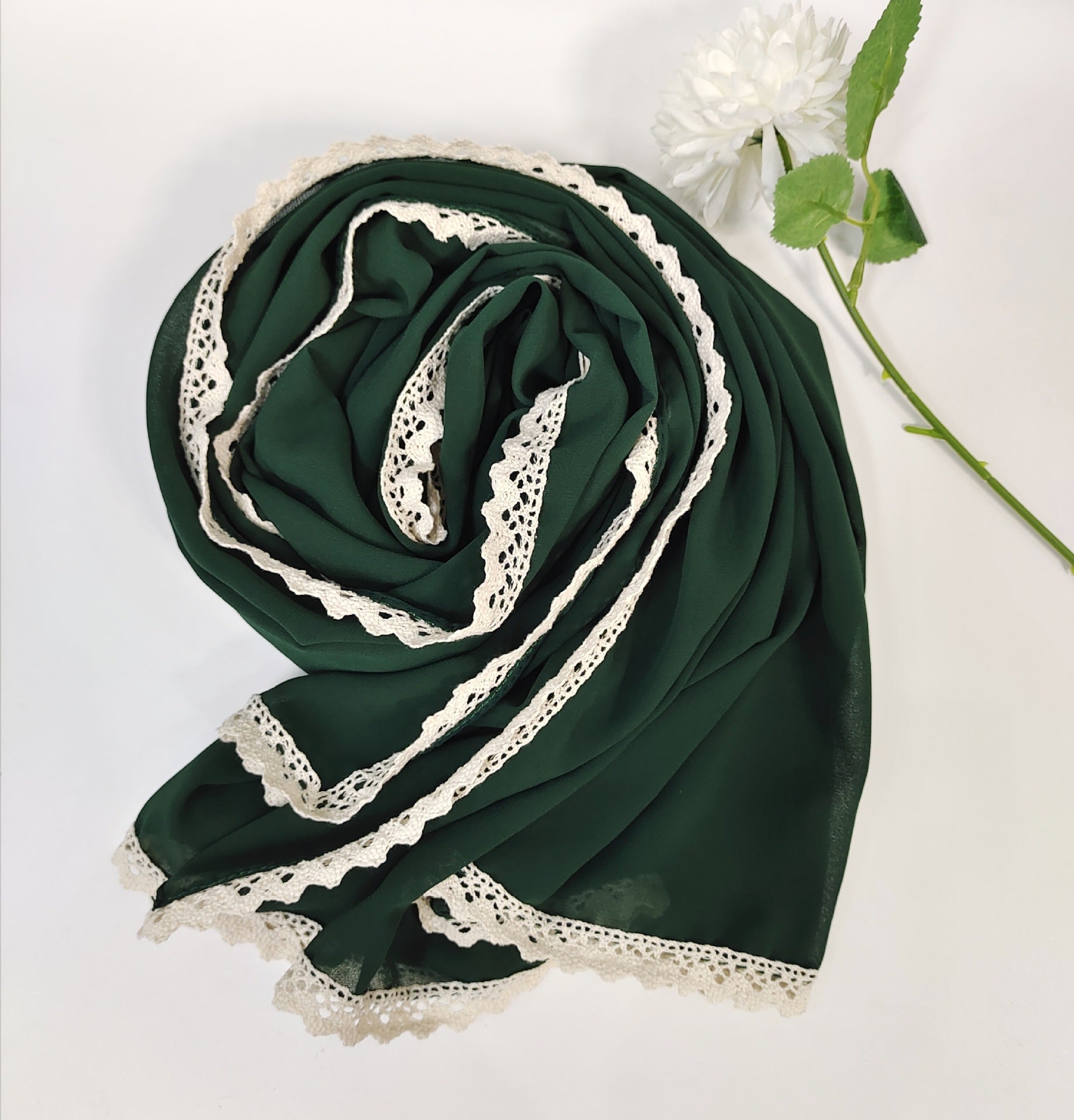 New ins fashion monochrome pearl chiffon lace fringed  scarf headscarf hijab