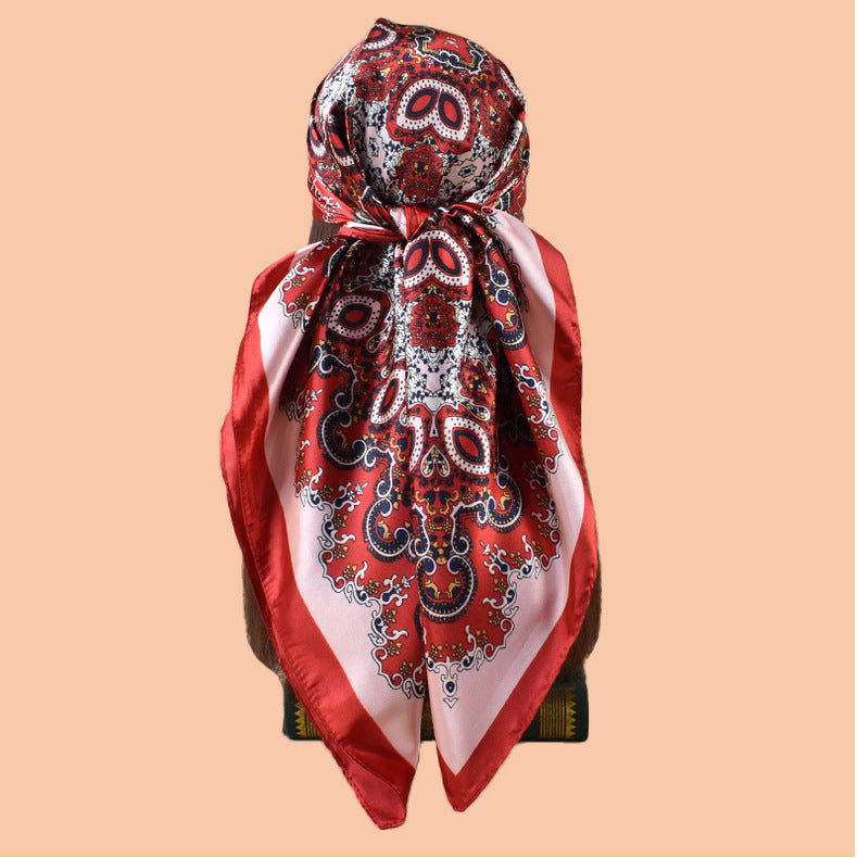 2025 new 90cm-satin ethnic style geometric printing square scarf with sunscreen bag head silk scarf decorative scarf