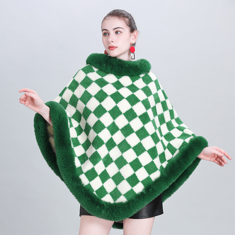 European and Korean autumn and winter new cape shawl thickened plaid fur collar crew neck pullover shawl cape jacket 0986 #