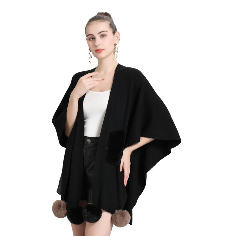Europe, America autumn and winter new hairball knitted cardigan multi-purpose shawl top women's large size coat 0971
