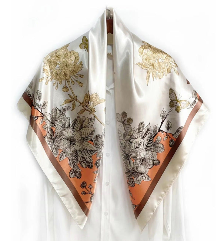 Simple and elegant plant flower flower, satin 90 square scarf, high-end women's headscarf with hand gift silk scarf