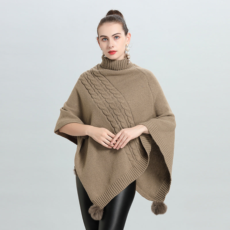 Spring new temperament cape shawl medium and long hairball turtleneck pullover knitted sweater cape 0939 #
