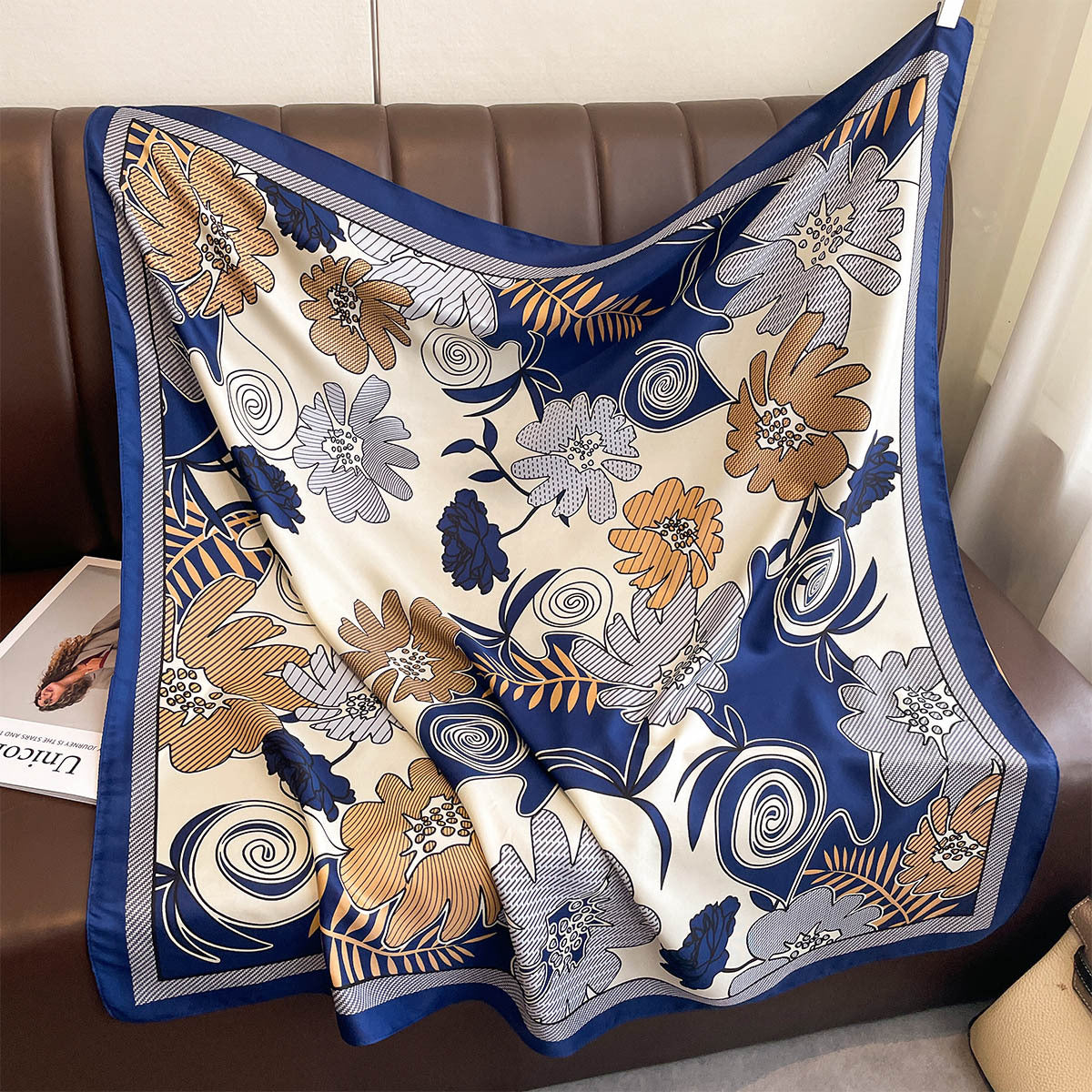 Spring and Autumn new retro flower printing simulation silk large square scarf women's French atmosphere professional twill shawl silk scarf
