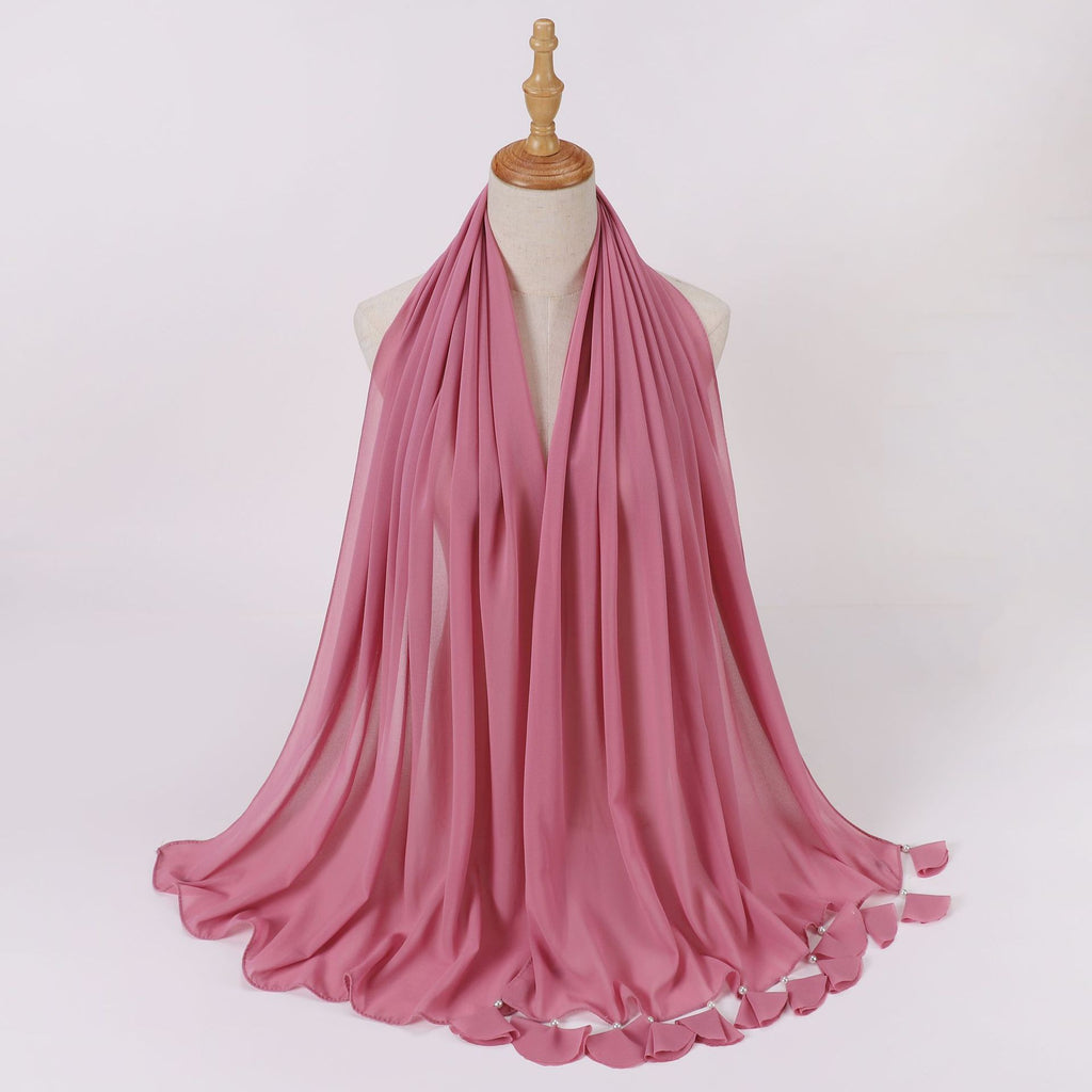 New solid color pearl chiffon flower fringed scarf  scarf Middle East headscarf hijab Malay long scarf