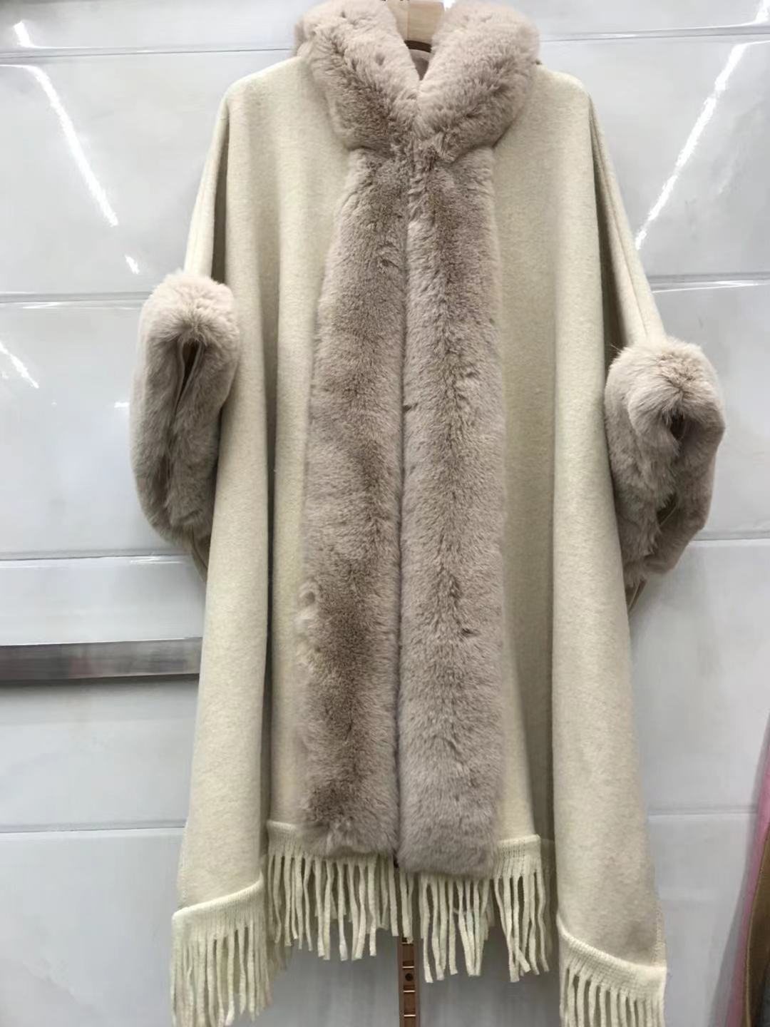 European and American autumn and winter new imitation fur collar hooded fringed knitted cardigan shawl cape jacket 0858 #