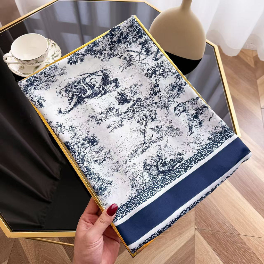 black and white ink painting printing long silk scarf, high sense spring and summer travel vacation sun protection shawl scarf