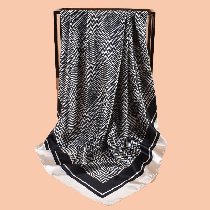 New 90-satin geometric grid thousand bird grid printed square scarf with sunscreen, bag head silk scarf decoration, scarf