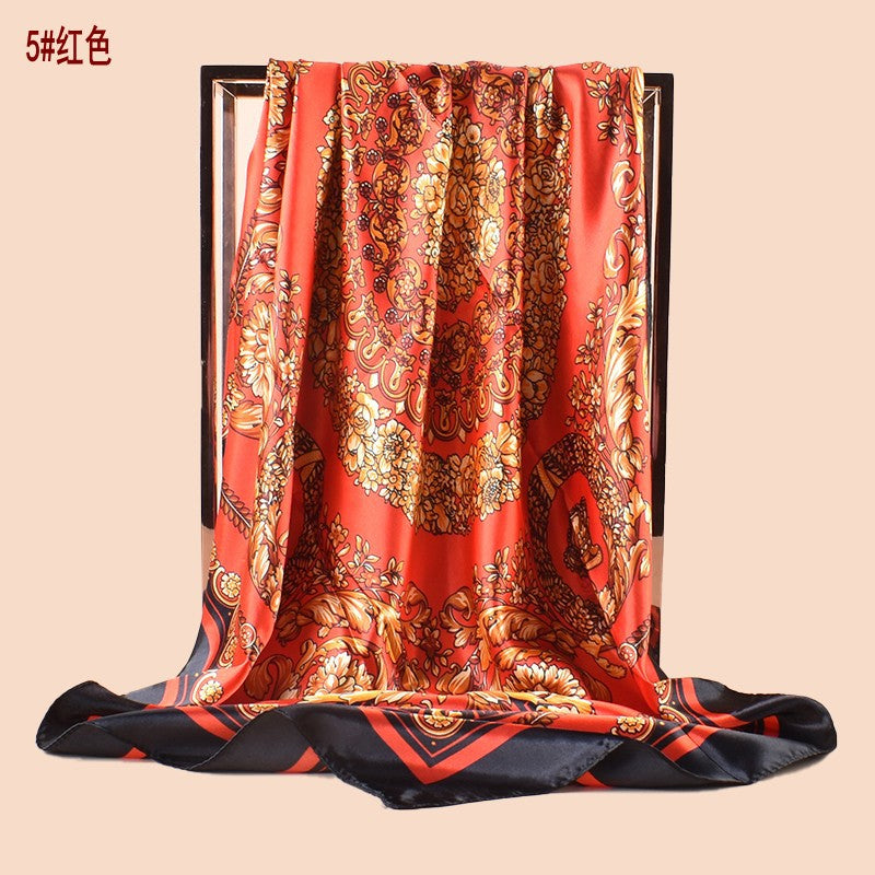 Spring new fashionable versatile large shawl imitation silk retro totem printed silk scarf head scarf 90 satin square scarf