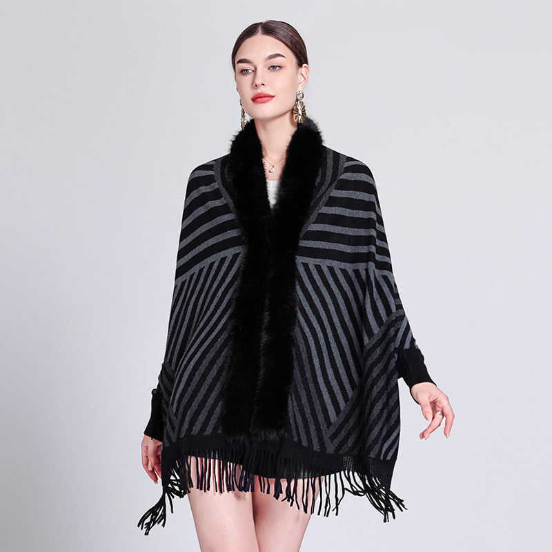 European and American autumn and winter new fashion striped fringed knitted shawl cape versatile cape outer scarf shawl 1233