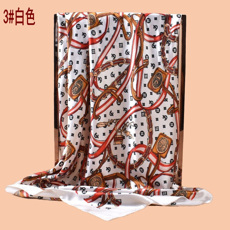 2025 new 90cm satin chain belt printed square scarf with sunscreen bag head silk scarf decorative scarf