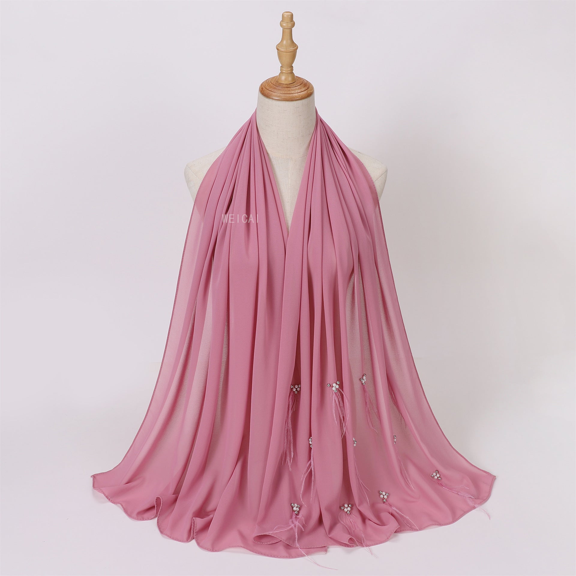 Fashion new pearl chiffon headscarf malay indonesia beaded ostrich hair scarf hijab