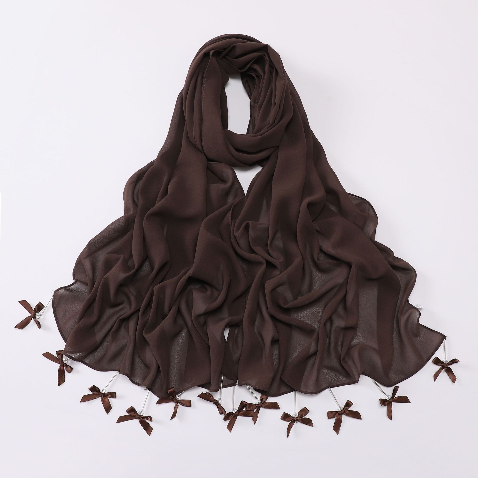 Hand sewn glass tube bow chiffon long towel yarn scarf Malaysia small fresh headscarf