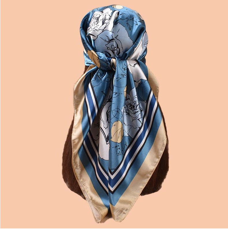 Spring and summer temperament big flower printing versatile decorative scarf headscarf silk scarf 90 high-quality satin large square scarf