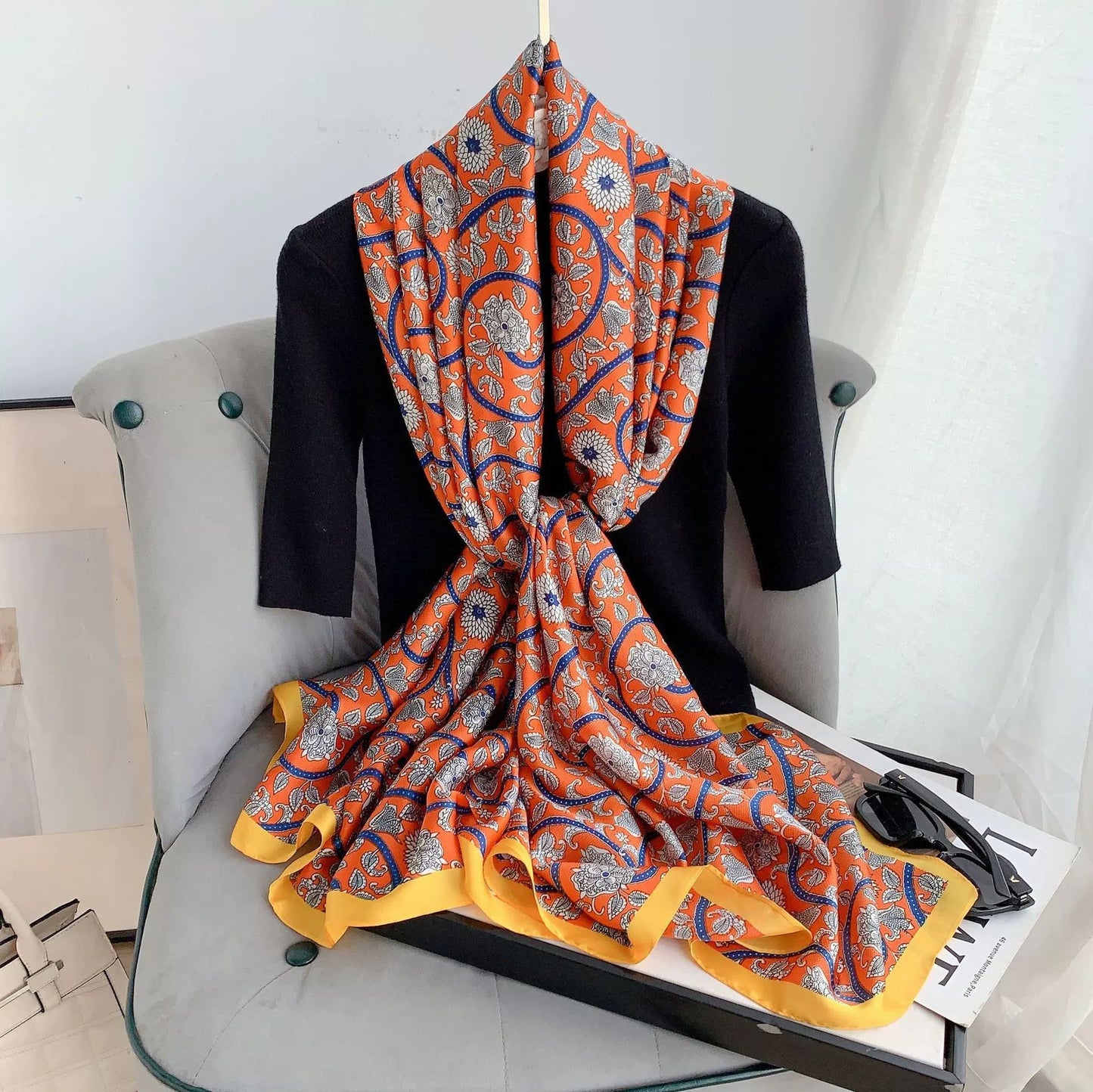 INS style Japan and Korea plant flower print scarf Mother's Day gift light luxury style retro temperament long scarf