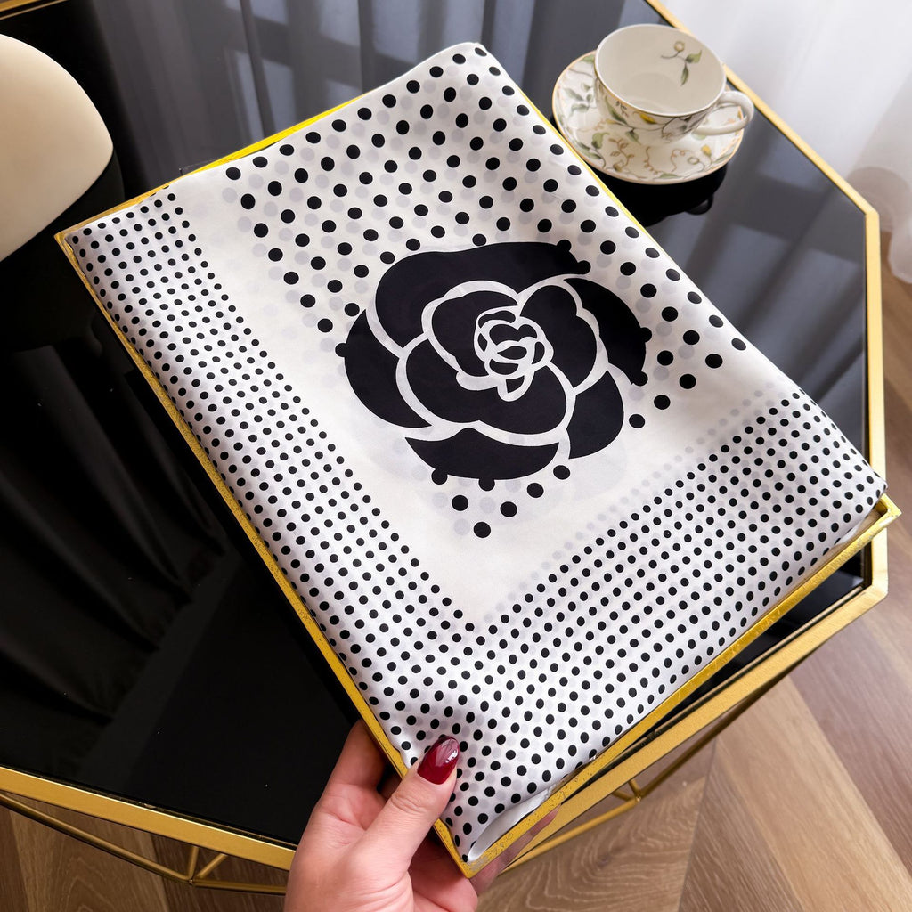 Fashion versatile commuter black and white polka dot printed long silk scarf, simple and elegant temperament women's sun protection shawl