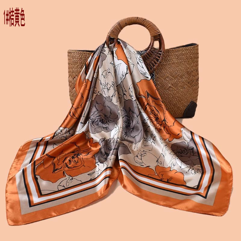Spring and summer temperament big flower printing versatile decorative scarf headscarf silk scarf 90 high-quality satin large square scarf