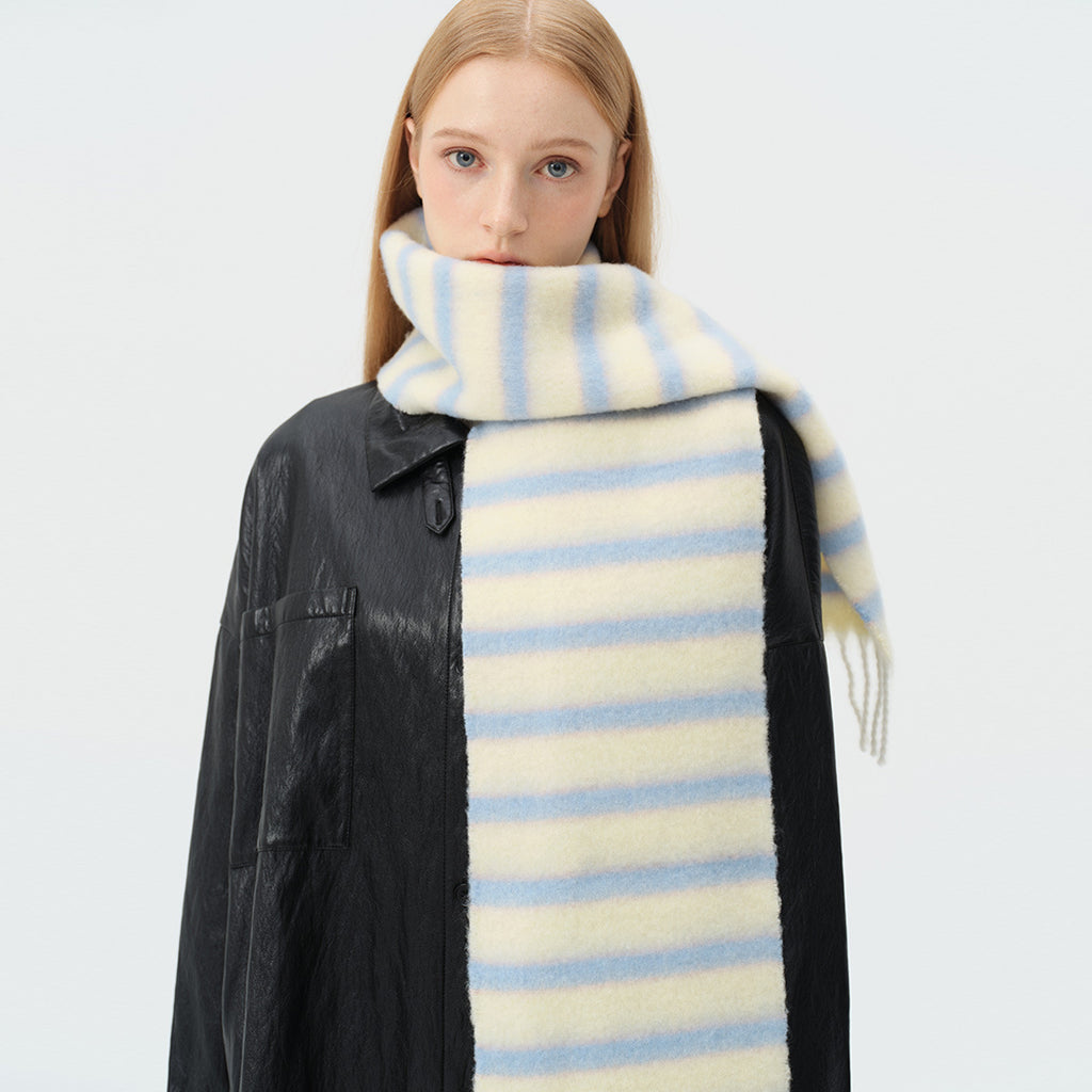 French designer 35% wool blended color striped scarf women's winter thickened atmosphere fringed scarf