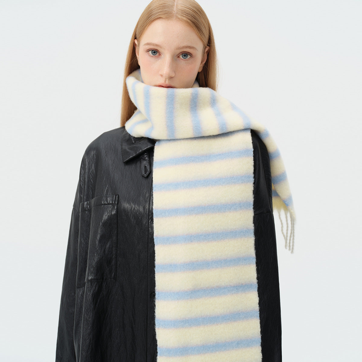 French designer 35% wool blended color striped scarf women's winter thickened atmosphere fringed scarf