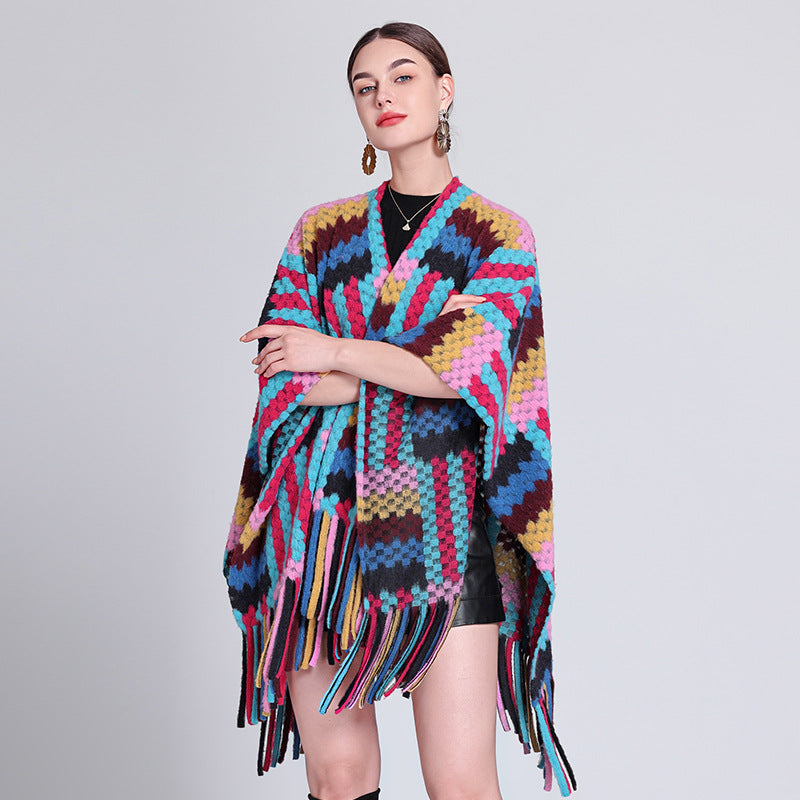 Autumn and winter new colored shawl with ethnic style travel temperament fringed shawl cape cape scarf coat women