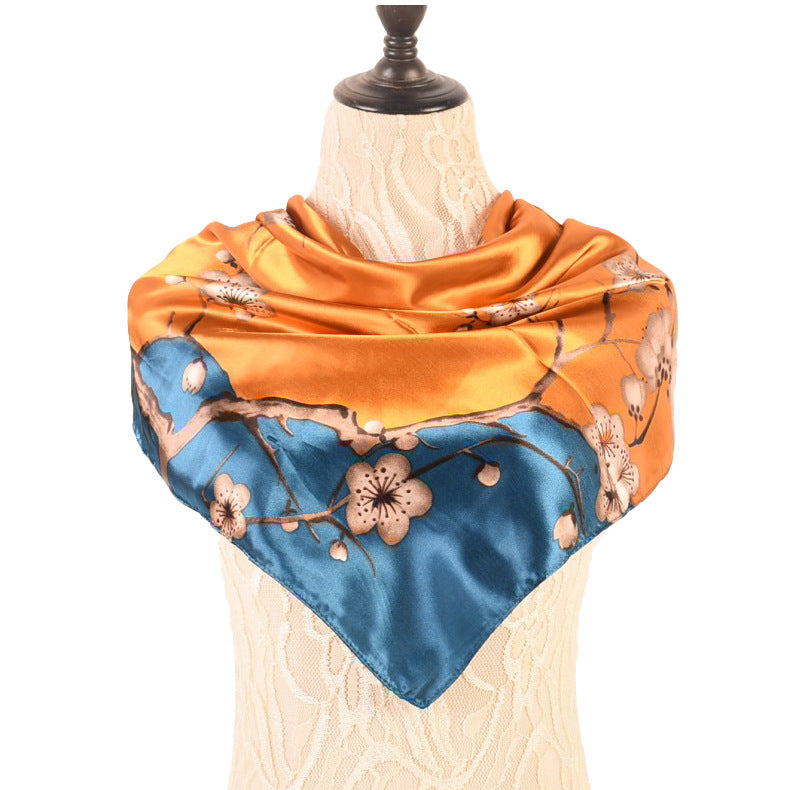 New sweet and fashionable plum blossom flower satin 90cm large square scarf women's silk scarf scarf