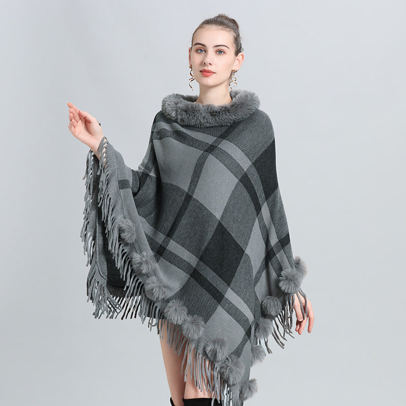 European and American autumn and winter new imitation fur collar round neck plaid hairball pullover knitted sweater cape shawl jacket women 0972 #