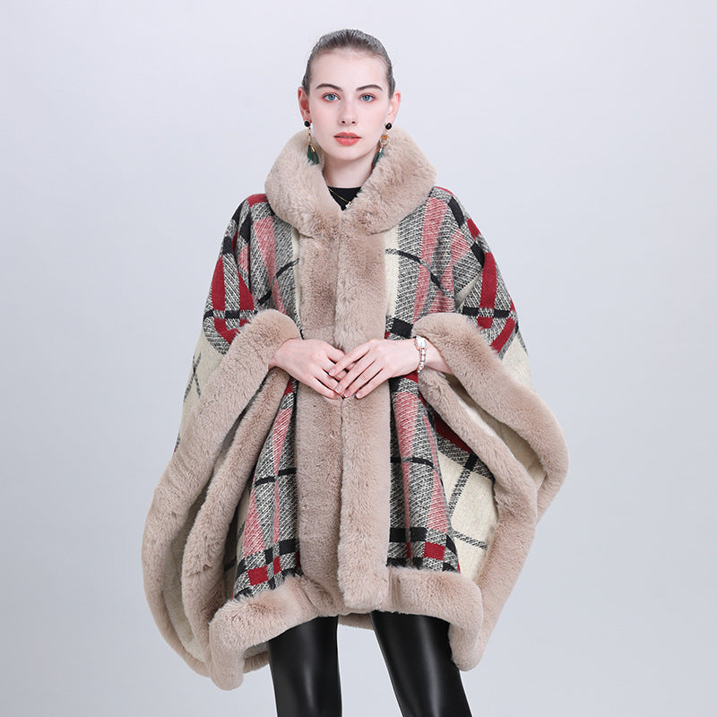 European and Korean autumn and winter new cape shawl fleece thickened plaid fur collar hooded knitted shawl scarf shawl 0992