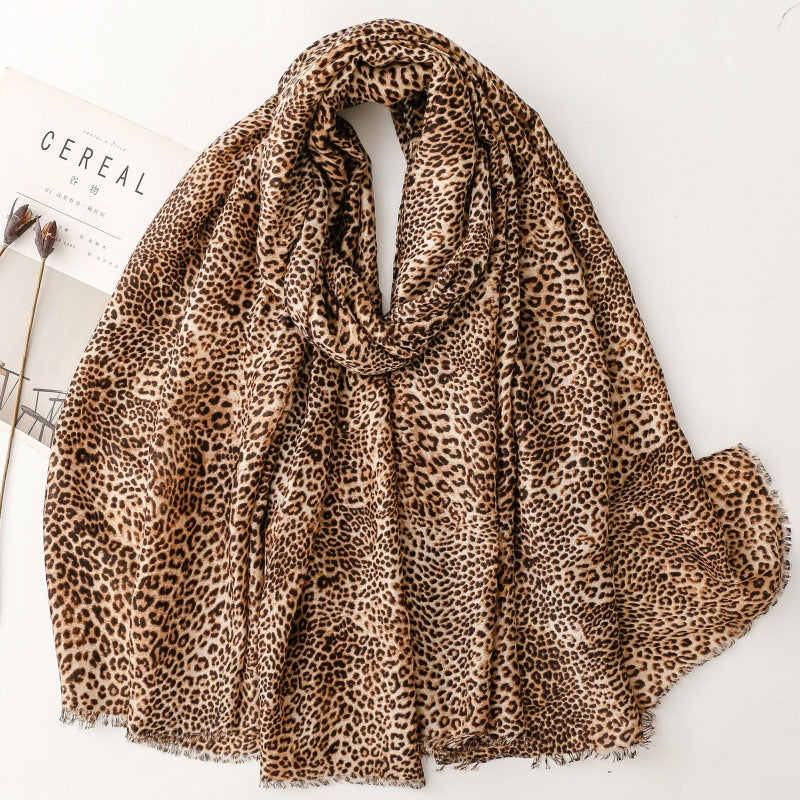 cotton and linen feel scarves leopard leopard print rough edge printing shawl women