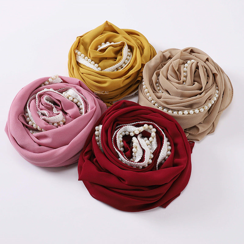 New solid color pearl chiffon pearl chain  scarf head scarf bubble scarf Middle East Malay headscarf